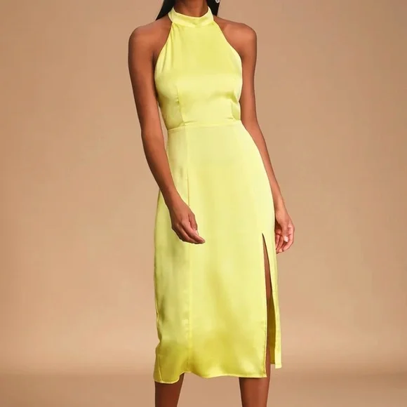 knee length dresses for ladies Yellow Halter & Strapless Midi Dress – STYLED BY ALX COUTURE main image 0